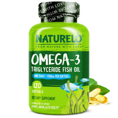 NATURELO Burpless Omega-3 bottle front shows clean label for daily heart support.