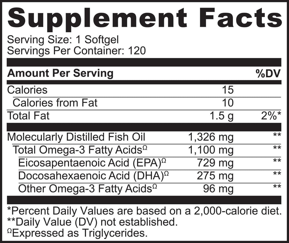 NATURELO bottle label highlights US-sourced Pollock oil purity and sustainability.