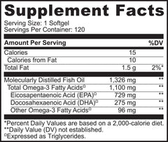 NATURELO bottle label highlights US-sourced Pollock oil purity and sustainability.