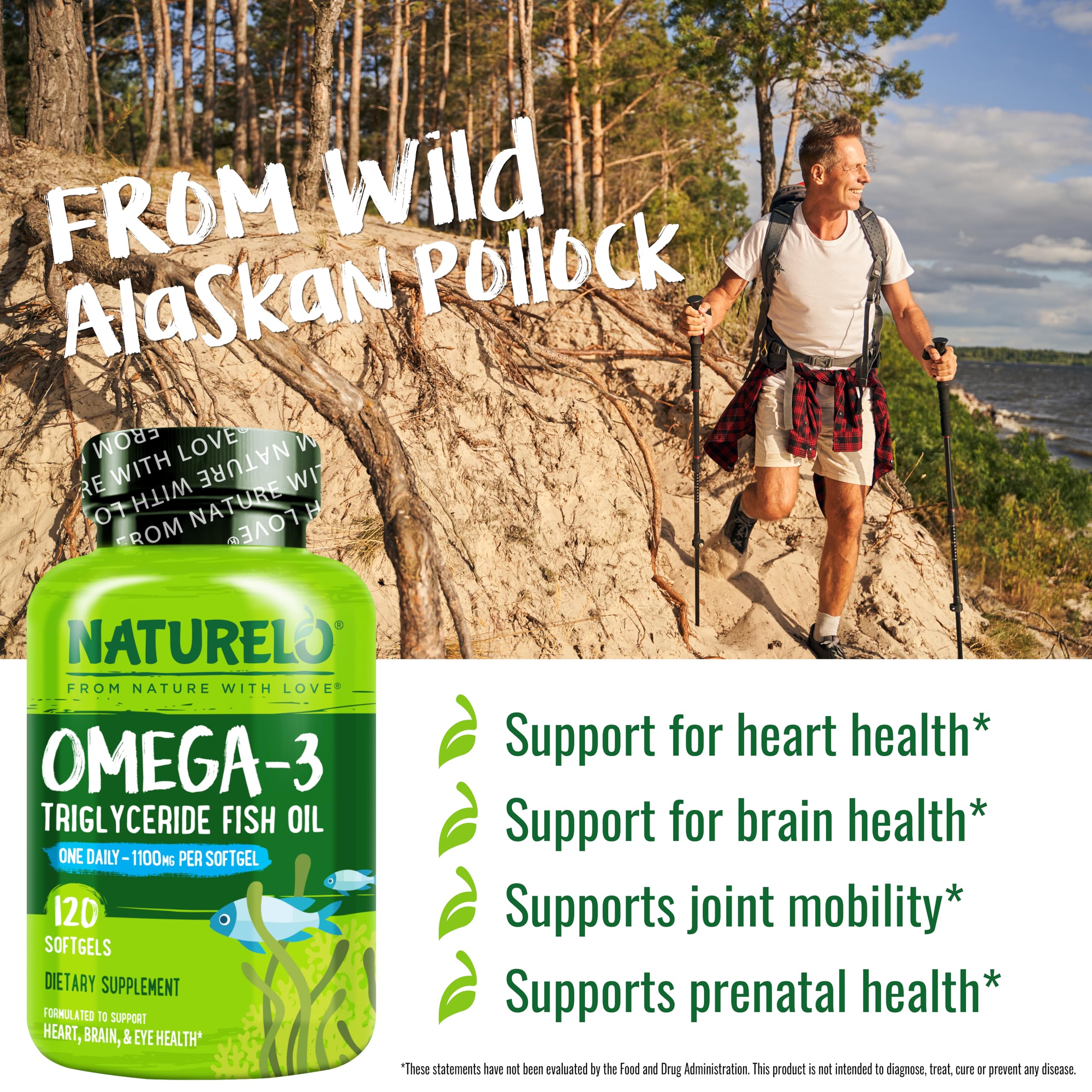 NATURELO Burpless Omega-3 lemon-flavored softgel close-up suggests fresh, easier daily use.