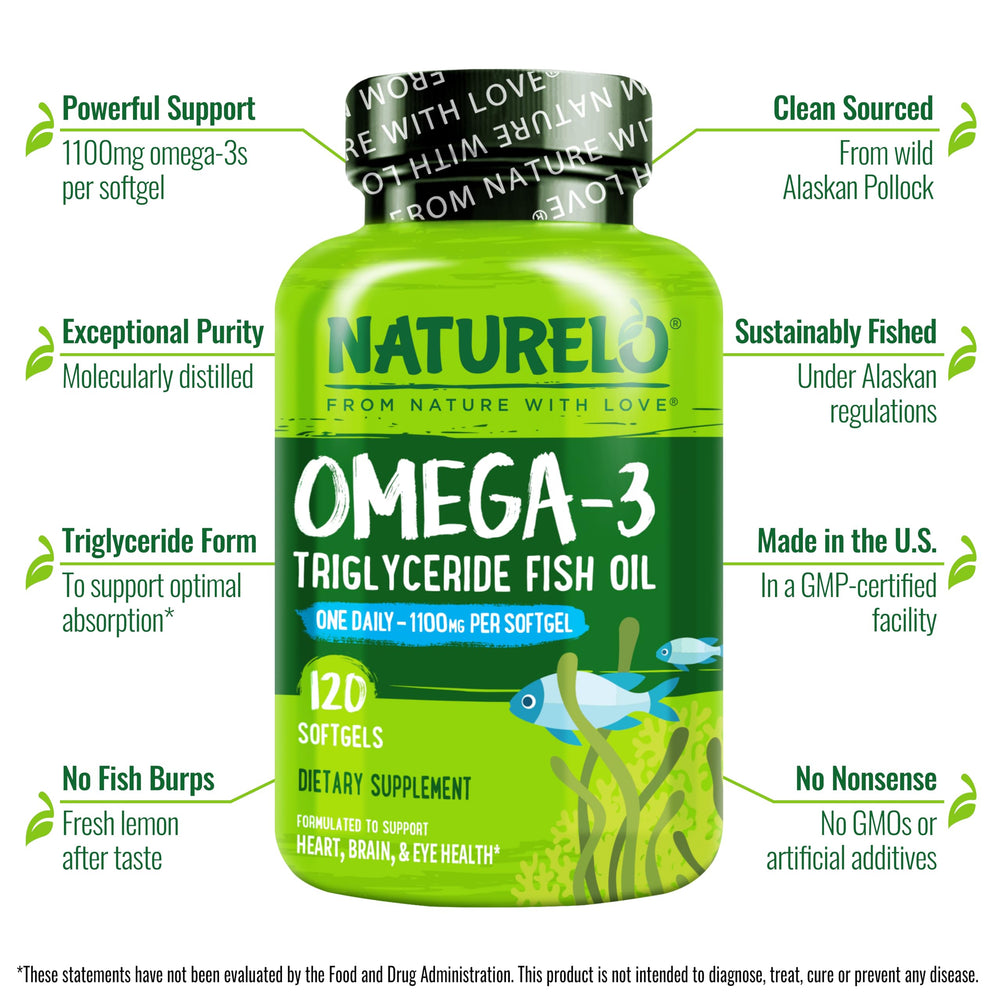 NATURELO Burpless Omega-3 softgels close-up highlighting gentle taste and burpless formula.