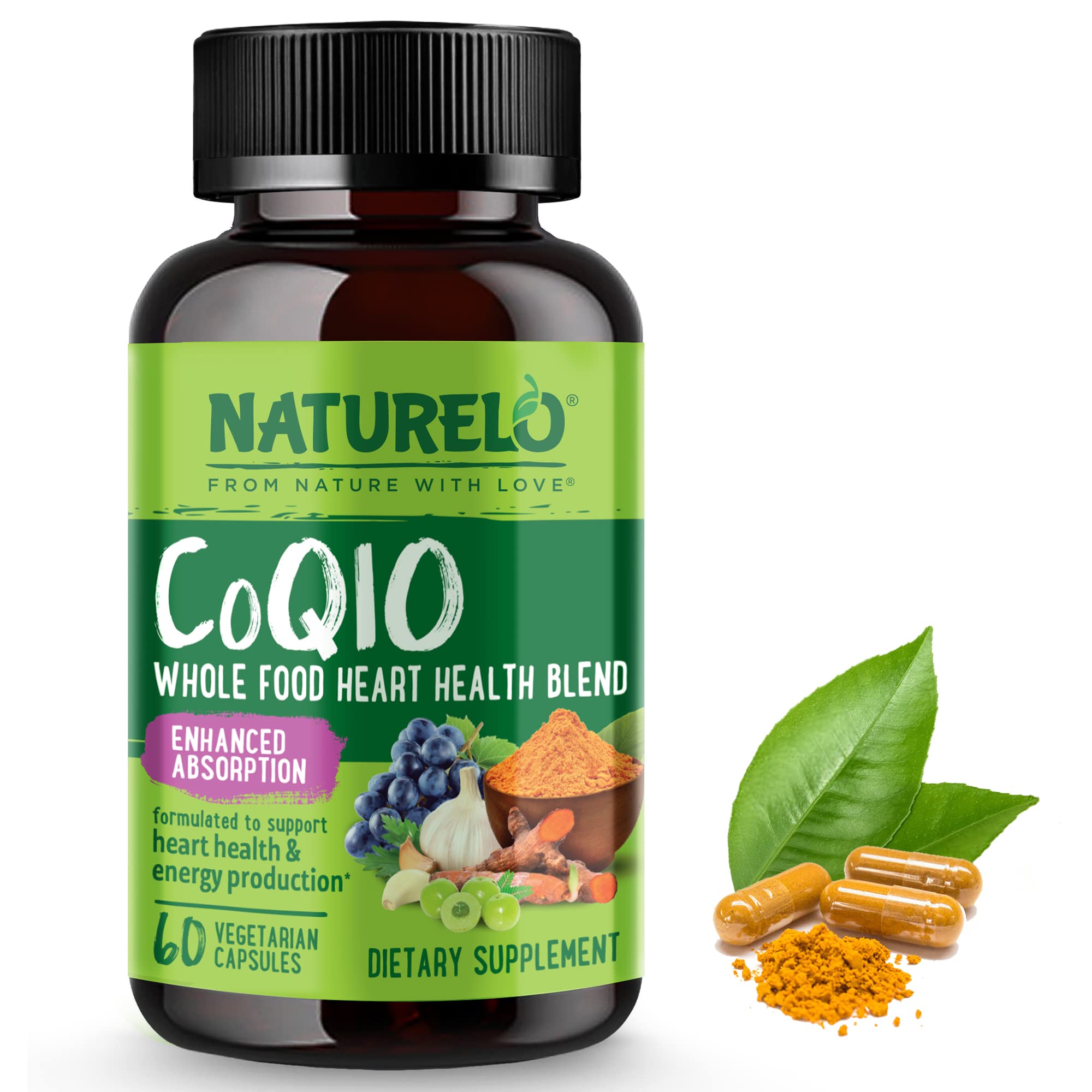 NATURELO CoQ10 60-veg-capsules bottle close-up highlighting vegan formula for heart support