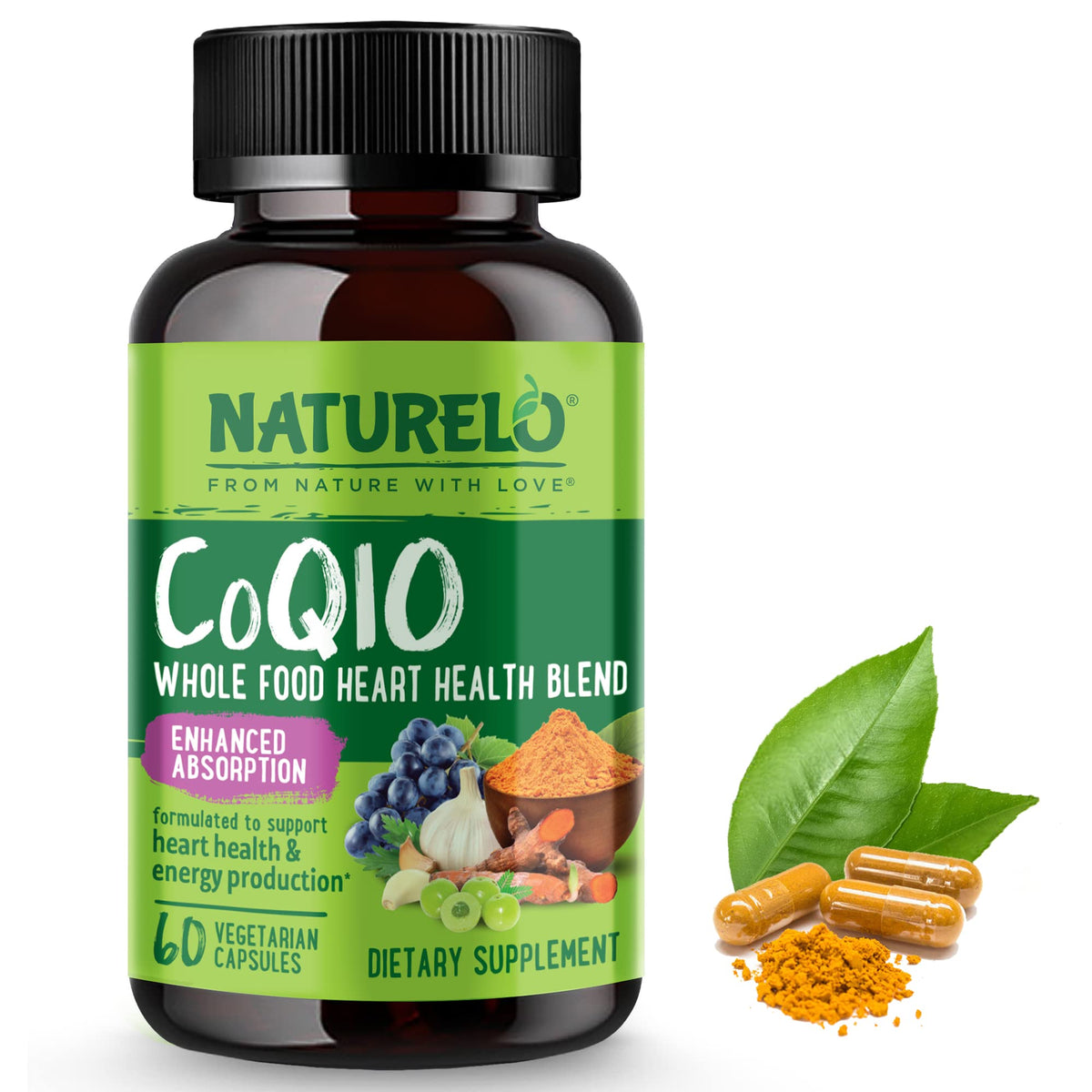 NATURELO CoQ10 60-veg-capsules bottle close-up highlighting vegan formula for heart support