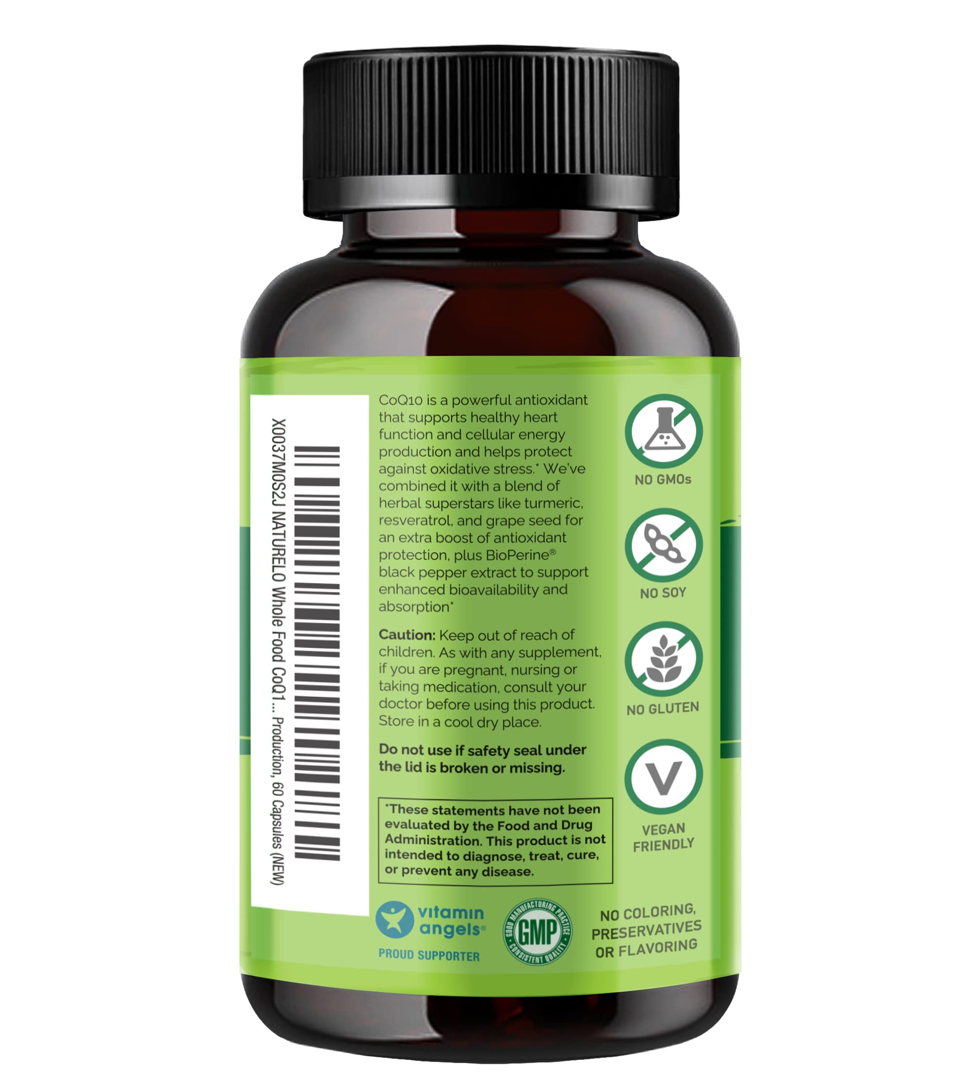 NATURELO CoQ10 bottle packaging close-up shows bioavailability-enhancing ingredients