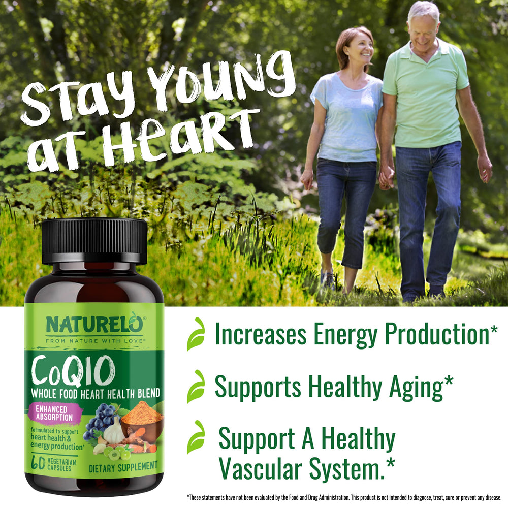 NATURELO CoQ10 bottle with turmeric and grapeseed imagery suggests antioxidant superfoods