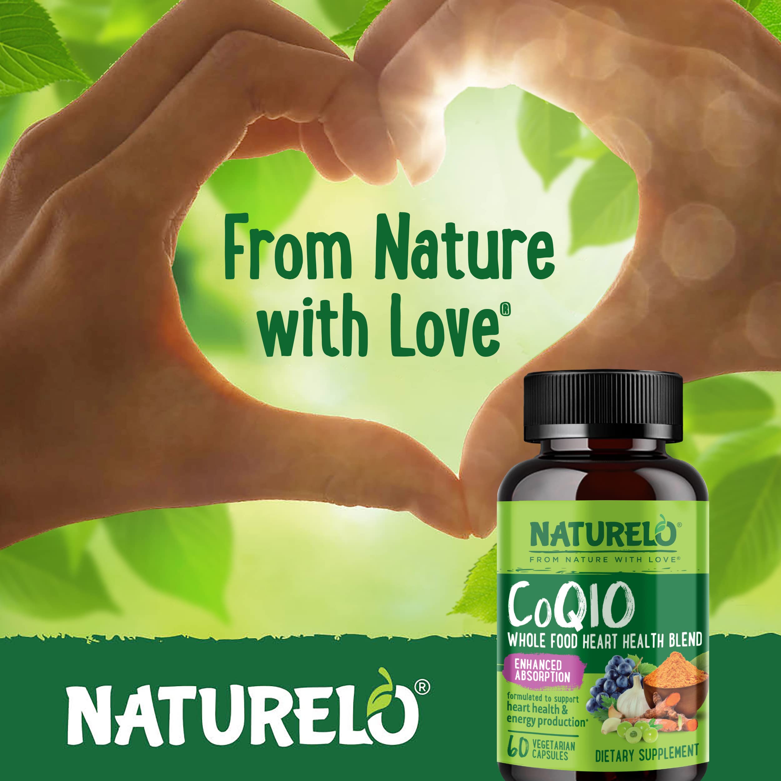 NATURELO CoQ10 packaging with 60 capsules designed for heart health support