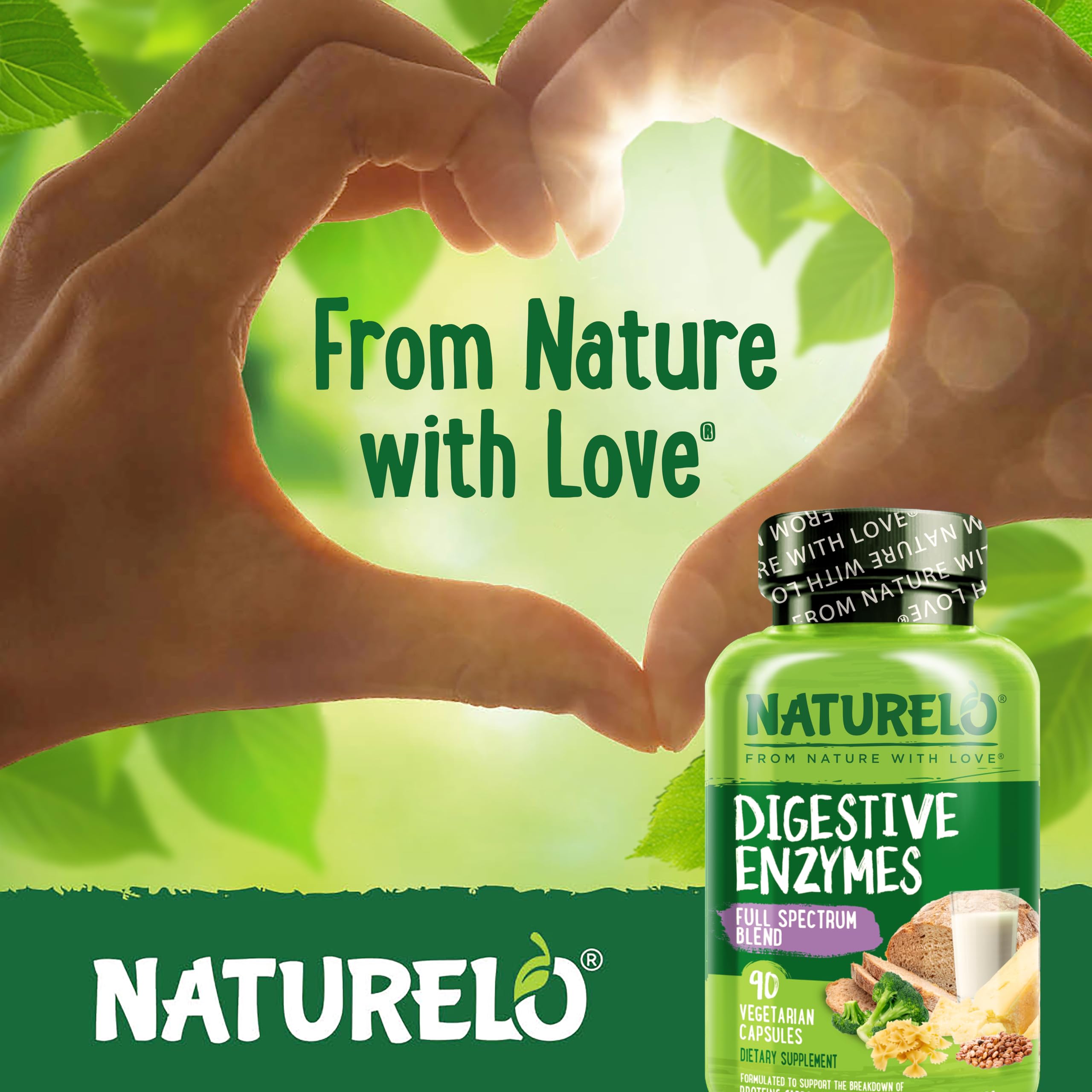 Digestive process icons on NATURELO label illustrating enzyme roles