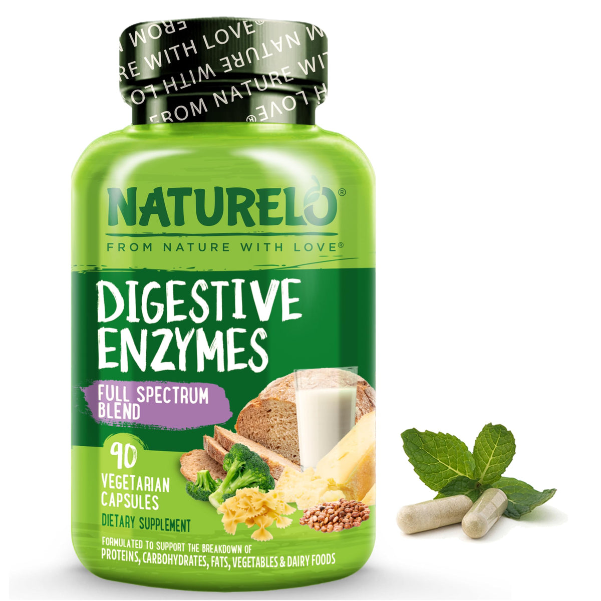 NATURELO Digestive Enzymes bottle front showing full-spectrum blend for digestion