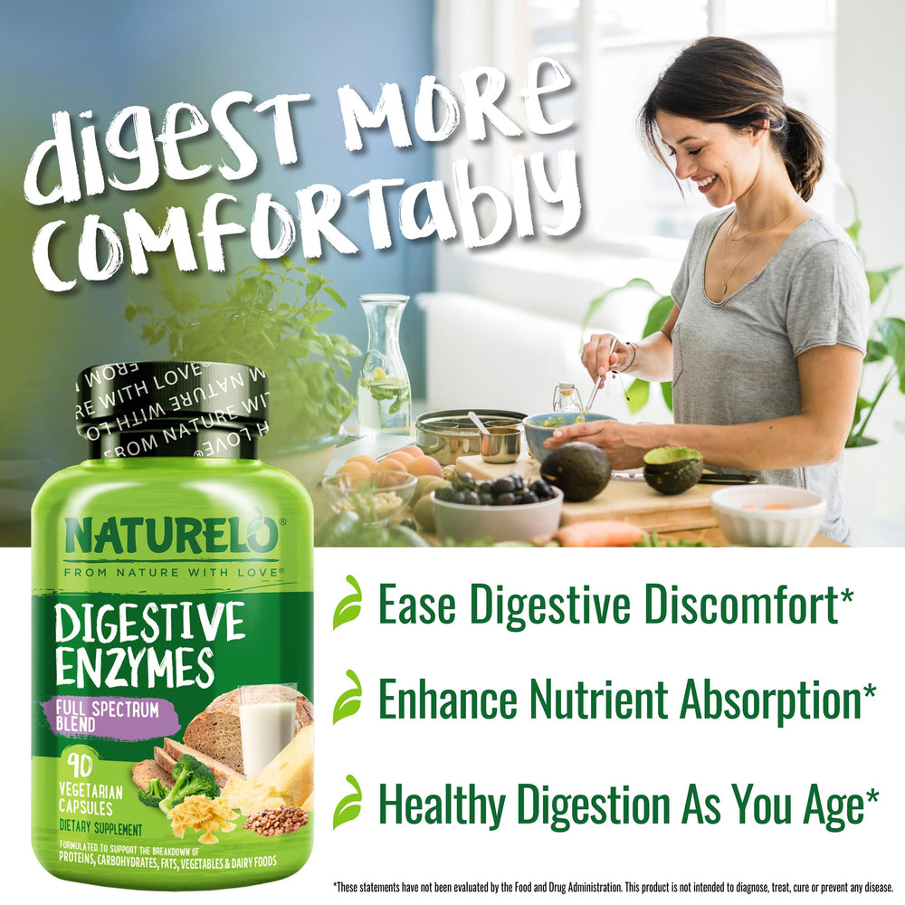 Label close-up of NATURELO Digestive Enzymes, vegan and non-GMO
