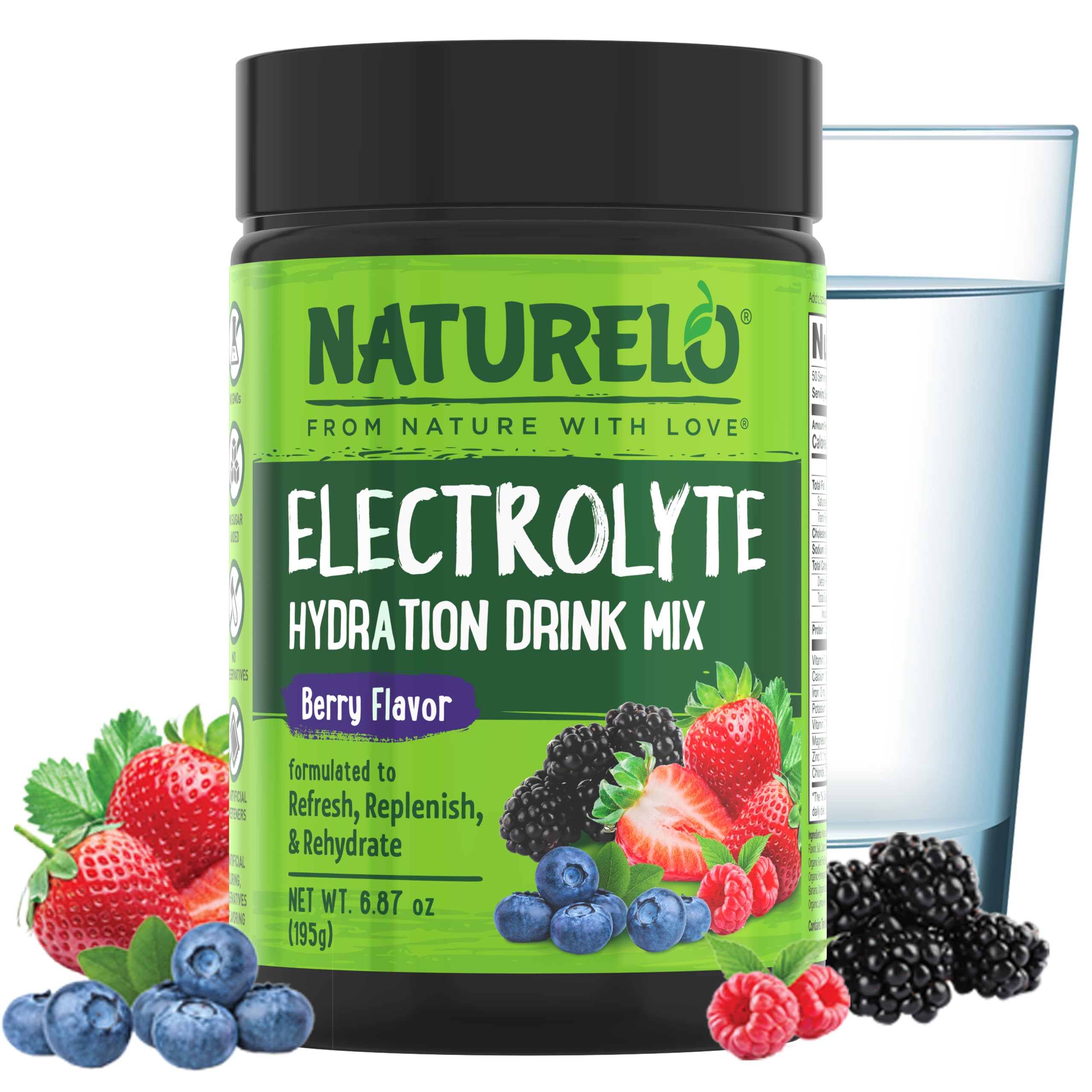 NATURELO Electrolyte Powder berry-tub shown for sugar-free hydration after workouts.