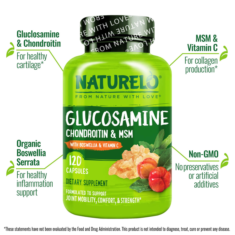Naturelo Glucosamine Chondroitin MSM bottle side showing dosage for easy regimen.