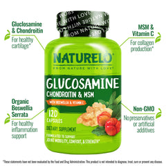 Naturelo Glucosamine Chondroitin MSM bottle side showing dosage for easy regimen.