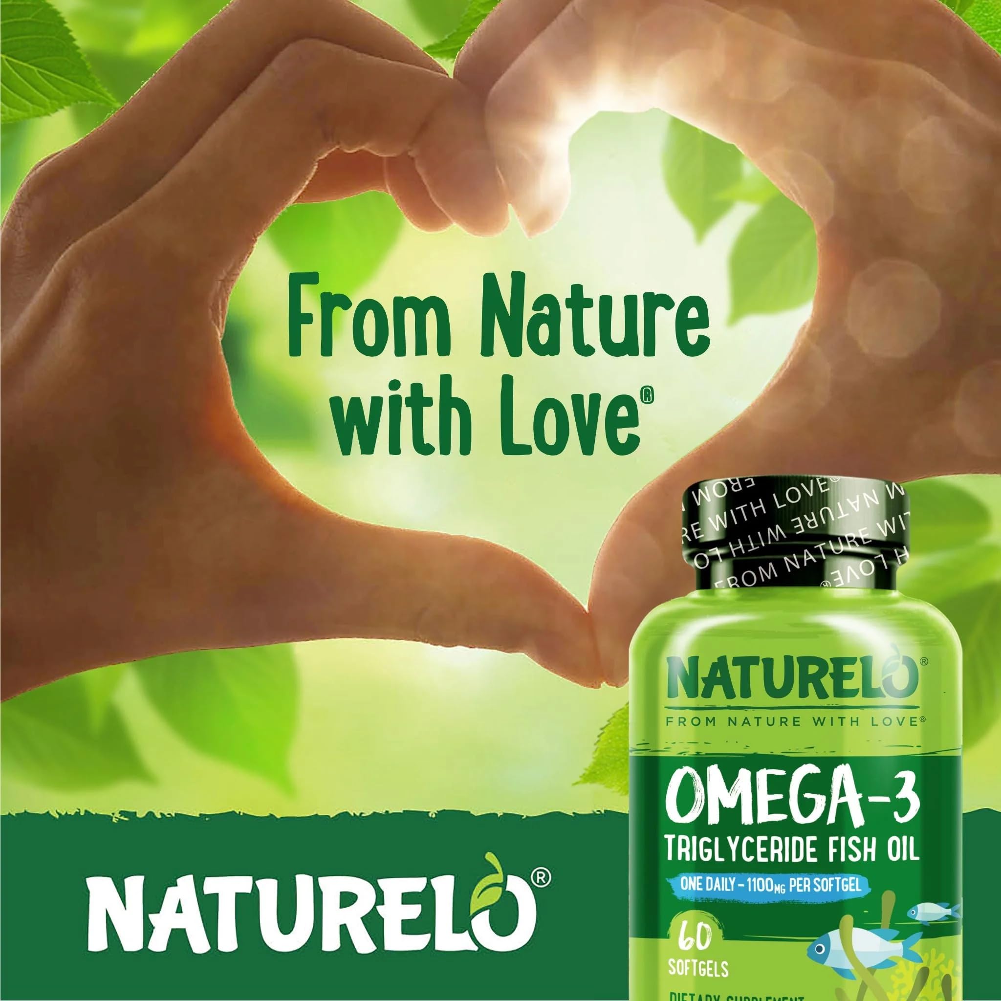 Naturelo heart-brain-eye-health icons on packaging suggest overall wellness