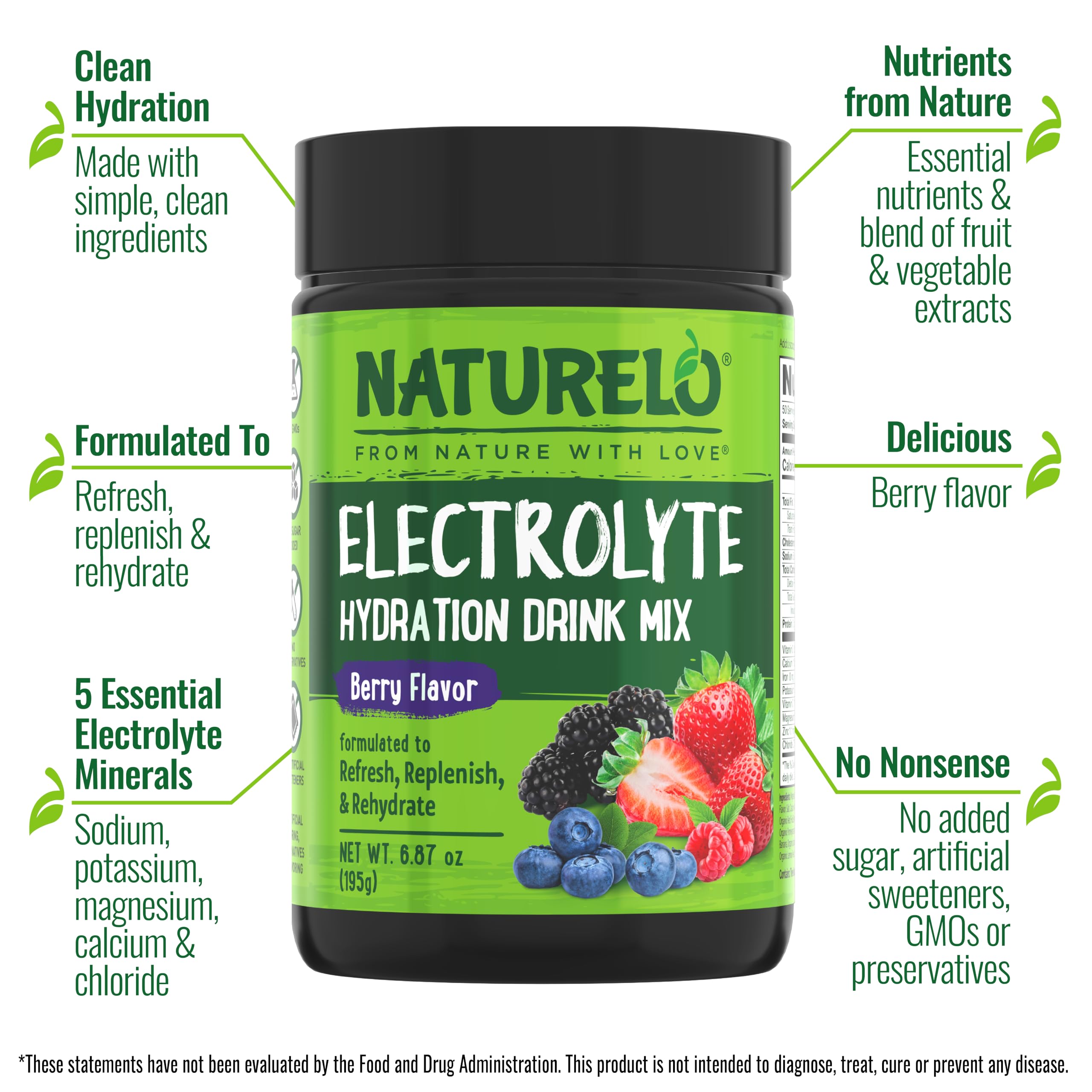 Naturelo hydration drink mix scoop shown for quick, on-the-go electrolyte preparation.