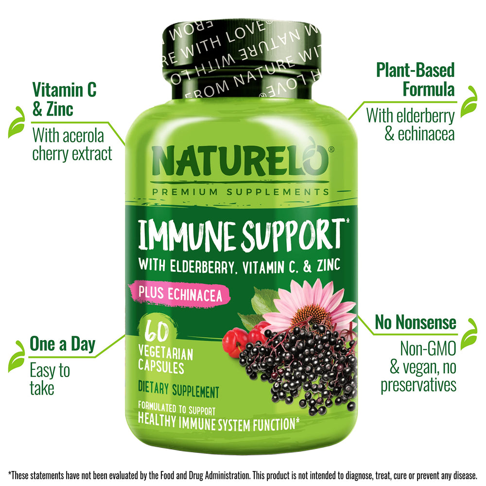 Naturelo Immune Support bottle back label showing ingredients and dosage.