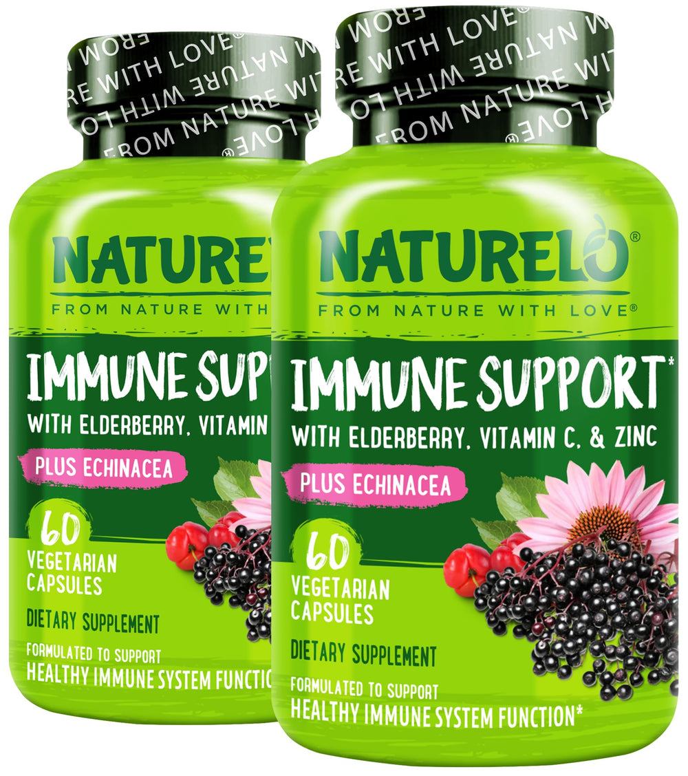 Naturelo Immune Support bottle front with vegan capsules for daily immune defense.