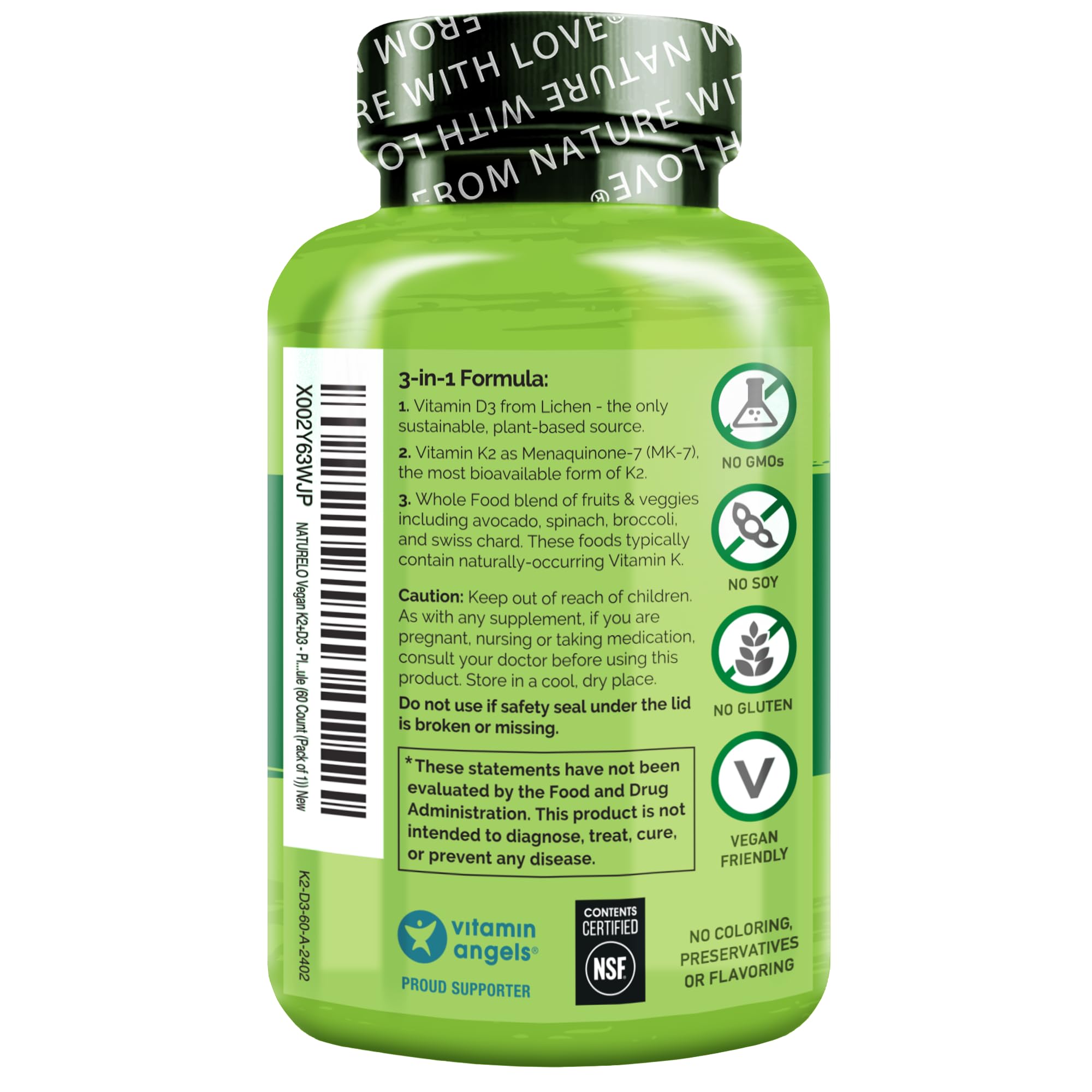 NATURELO ingredients list image highlights clean label and free from common allergens.