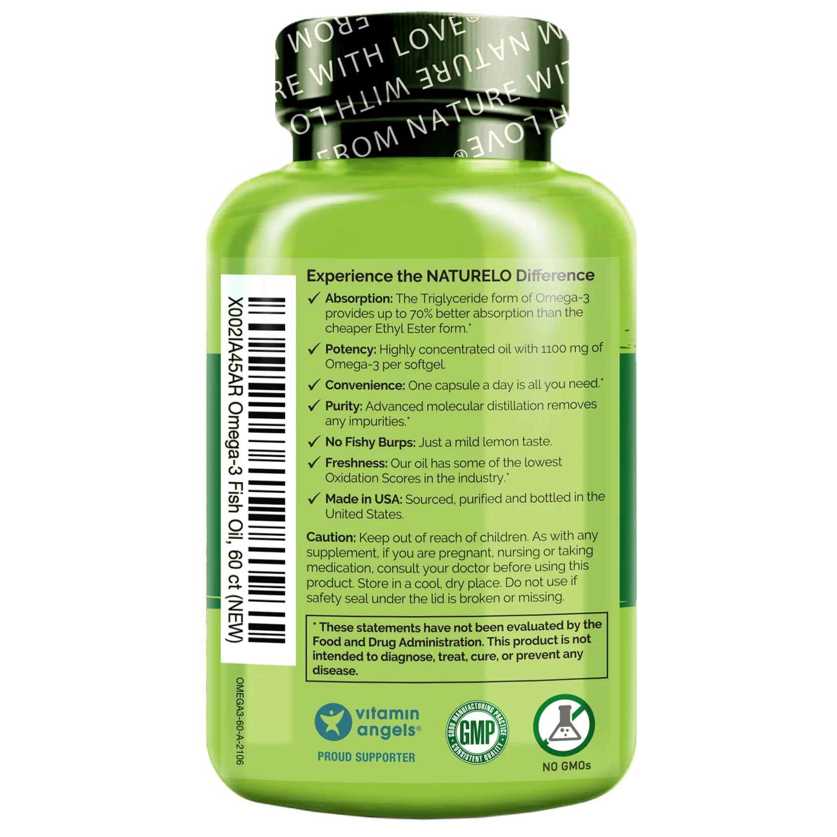 Naturelo lemon-flavored finish bottle highlighting burpless, pleasant-tasting oil