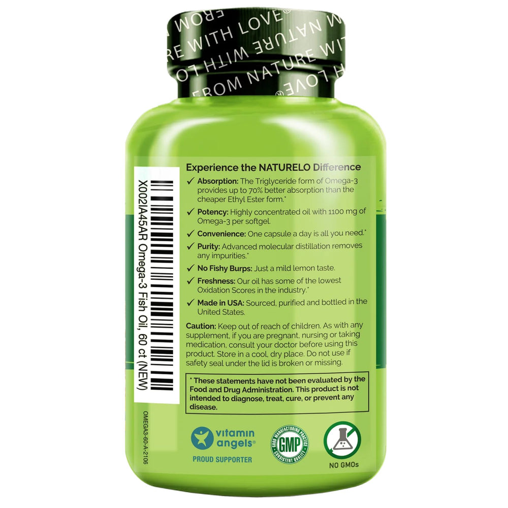 Naturelo lemon-flavored finish bottle highlighting burpless, pleasant-tasting oil