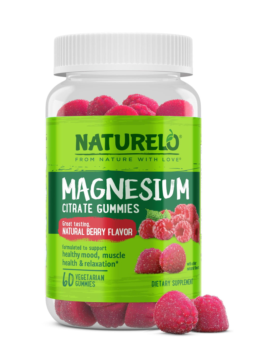 Naturelo magnesium citrate gummies berry bottle for daily calm and muscle ease