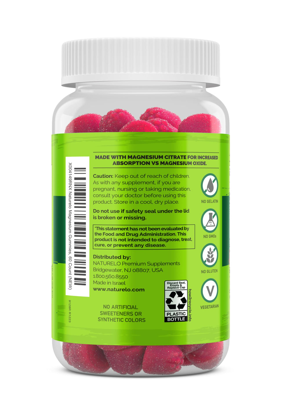Close-up of Naturelo gummies with berry flavor offering a tasty daily magnesium boost