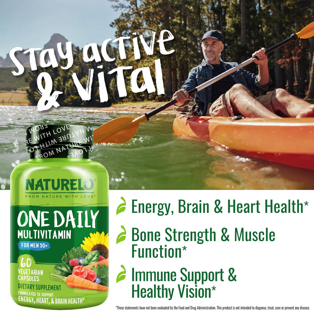 Naturelo Men's Multivitamin capsules ready for simple daily use and heart health support
