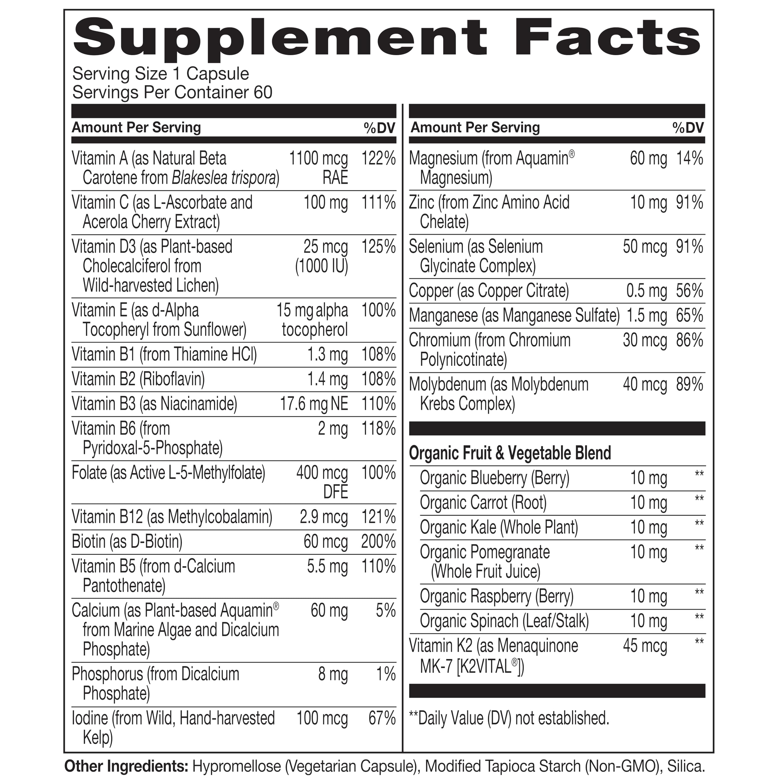 Naturelo M50+ label highlights non-GMO vegan formula and clean label appeal