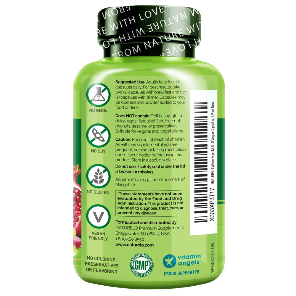 Naturelo bottle back label highlights vegan ingredients and clean sourcing