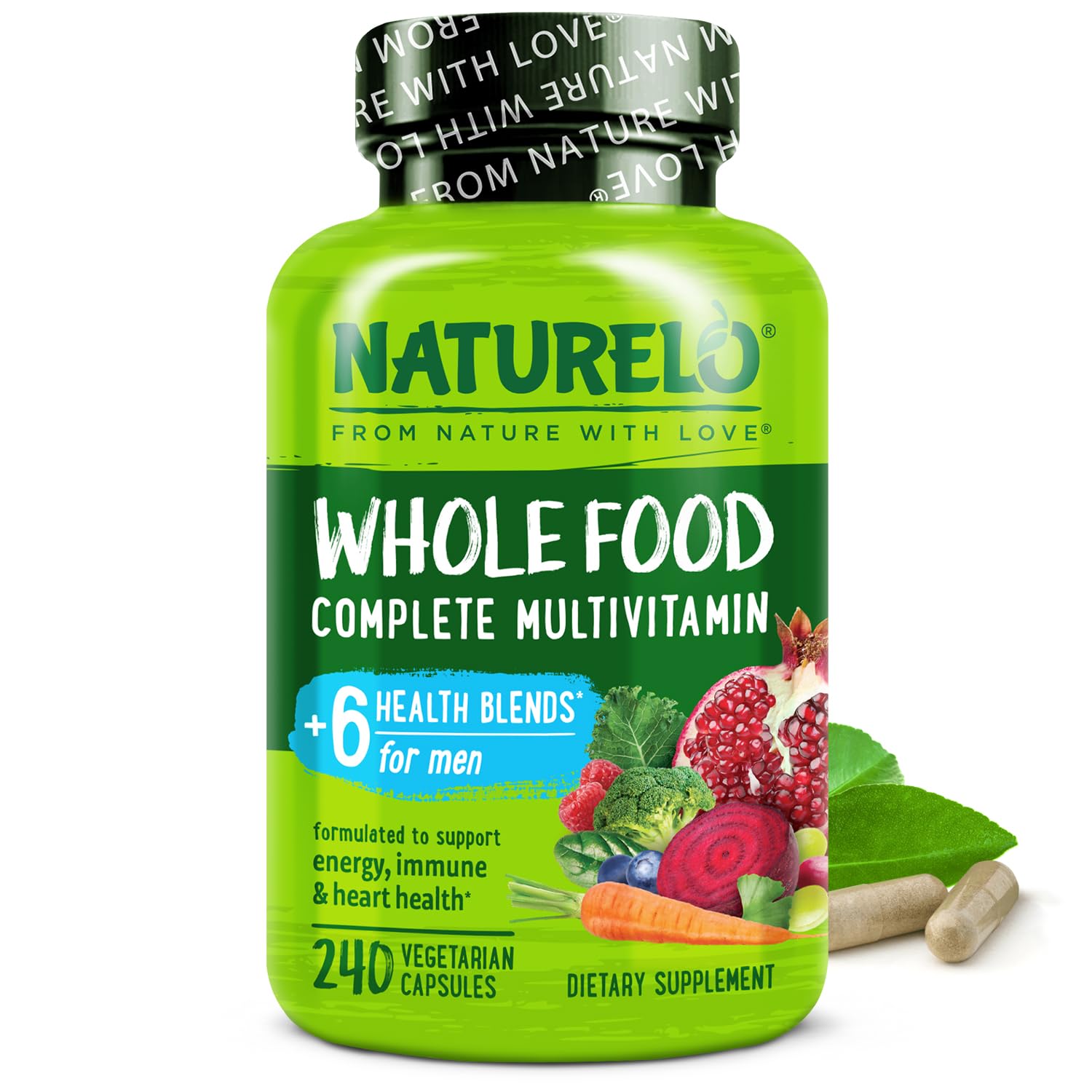 Naturelo Men's Multivitamin bottle front suggests a complete daily wellness routine