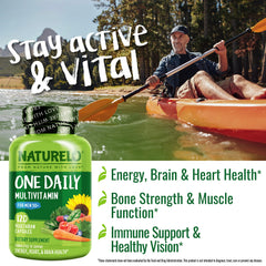 NATURELO Mens Multivitamin capsules close-up on bottle label