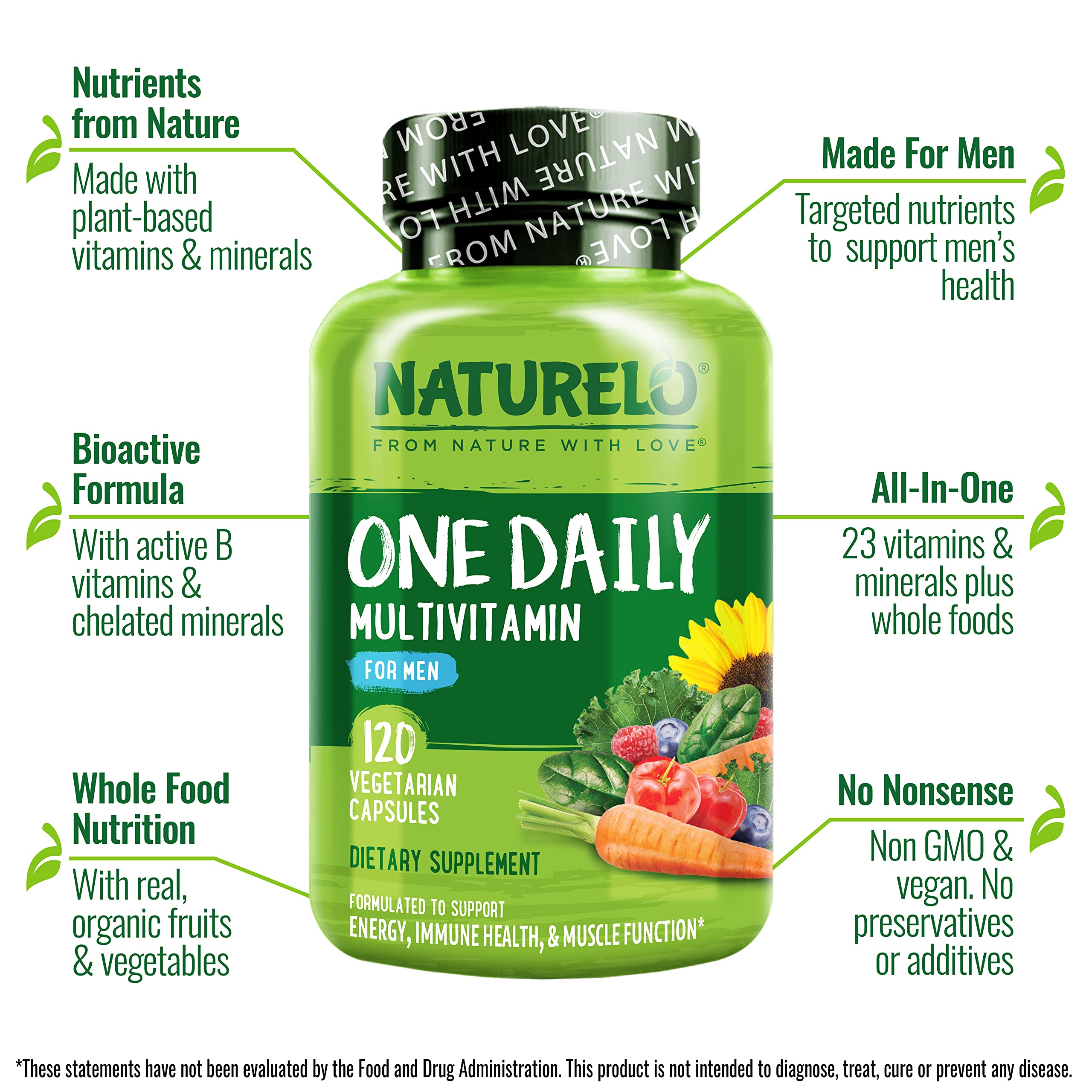 NATURELO Mens Multivitamins with organic fruits and vegetables highlight natural ingredients