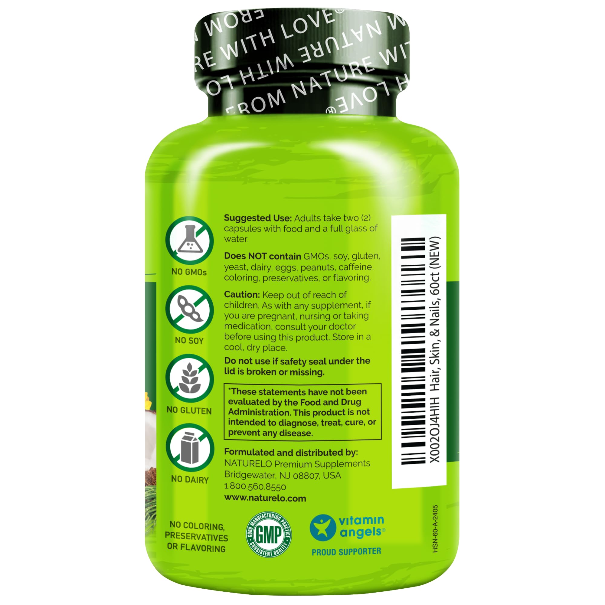Naturelo bottle near non-GMO seal and clean ingredient list