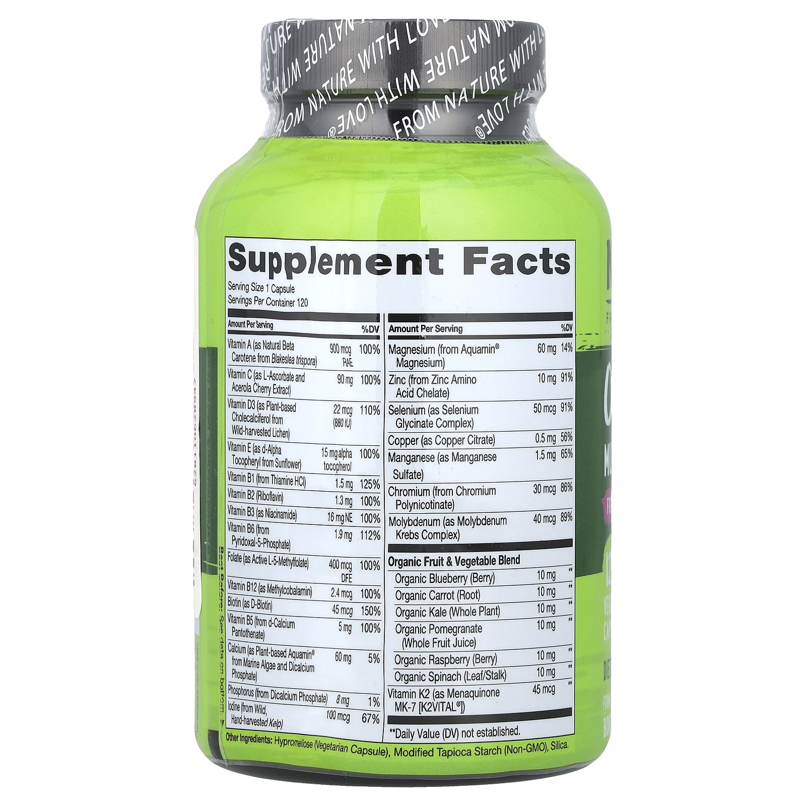 Naturelo One Daily capsules close-up showing plant-based blend for healthy aging.