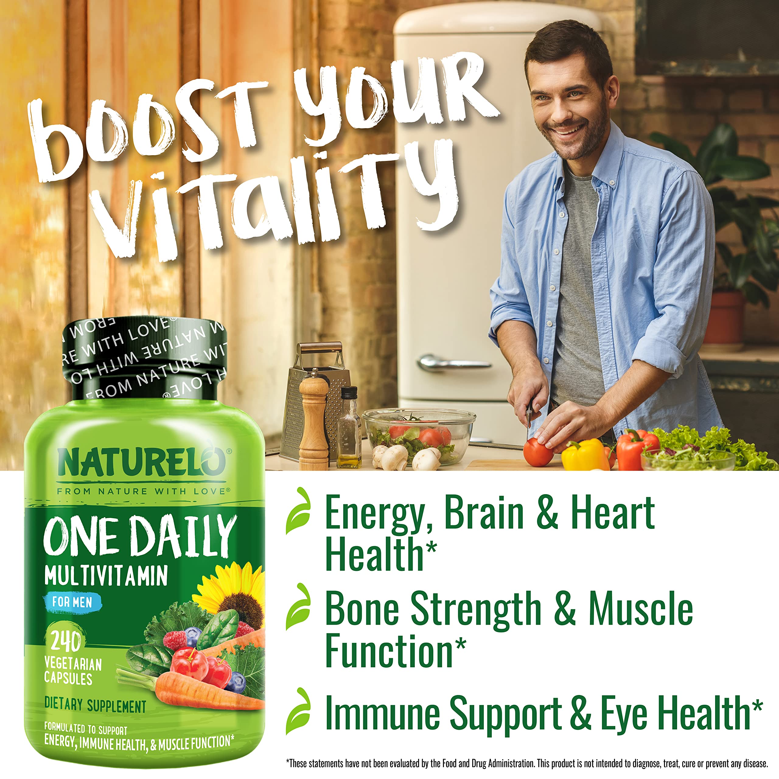 NATURELO One Daily Men’s Multivitamin capsules for easy daily use and energy support