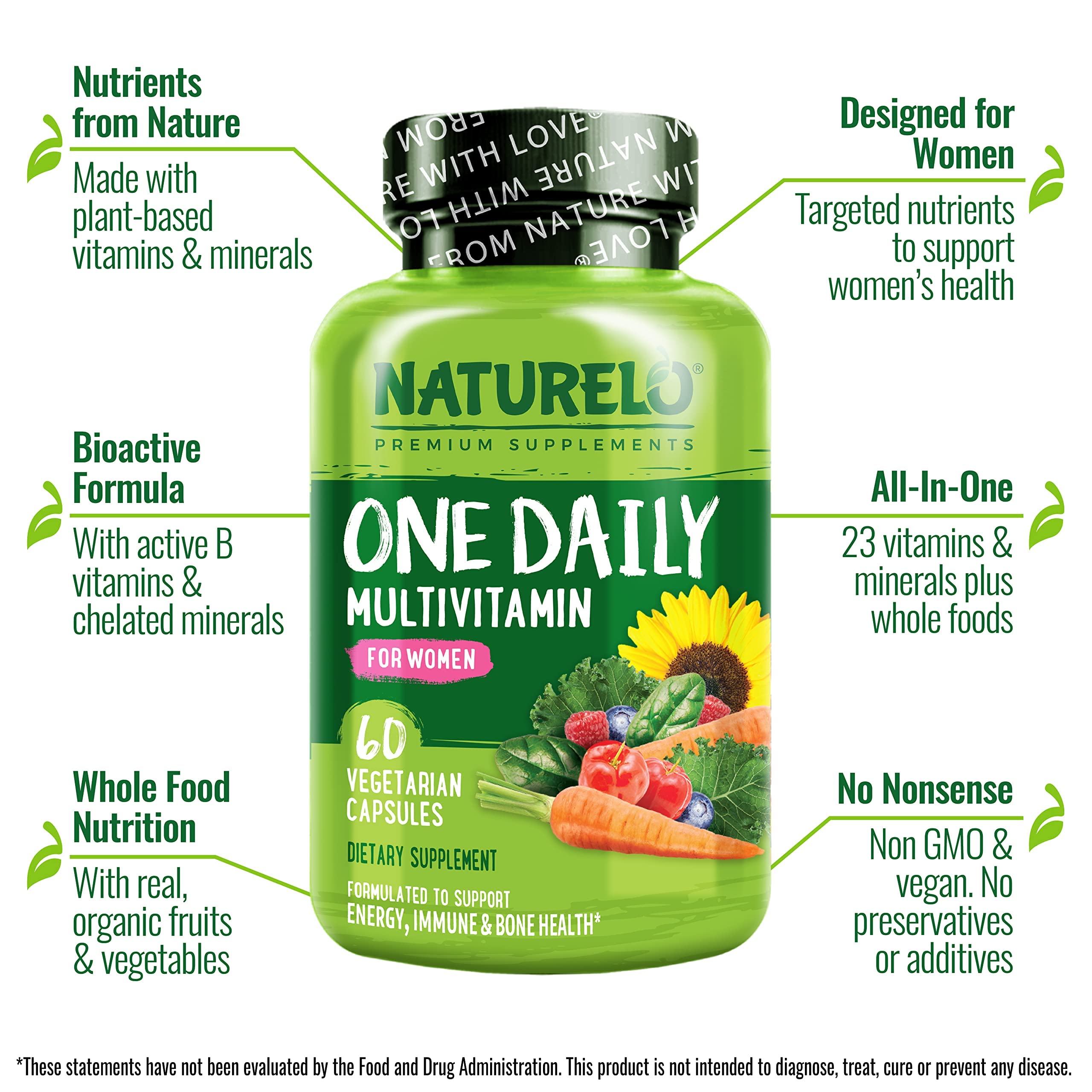 Naturelo One Daily Multivitamin for Women bottle label highlights vegan nutrients for immune support.
