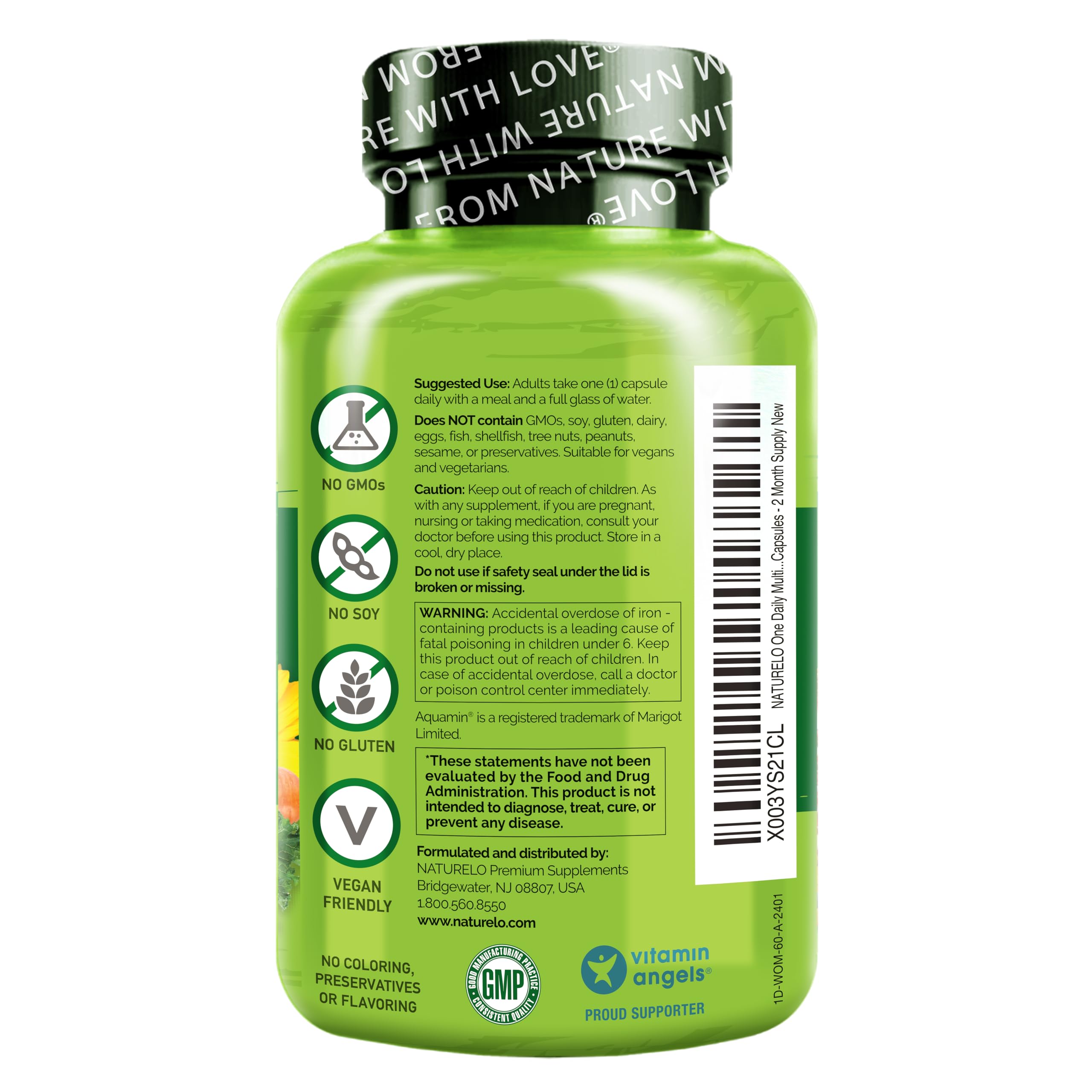Naturelo One Daily Multivitamin for Women ingredient-icons showcase plant-based nutrition benefits.