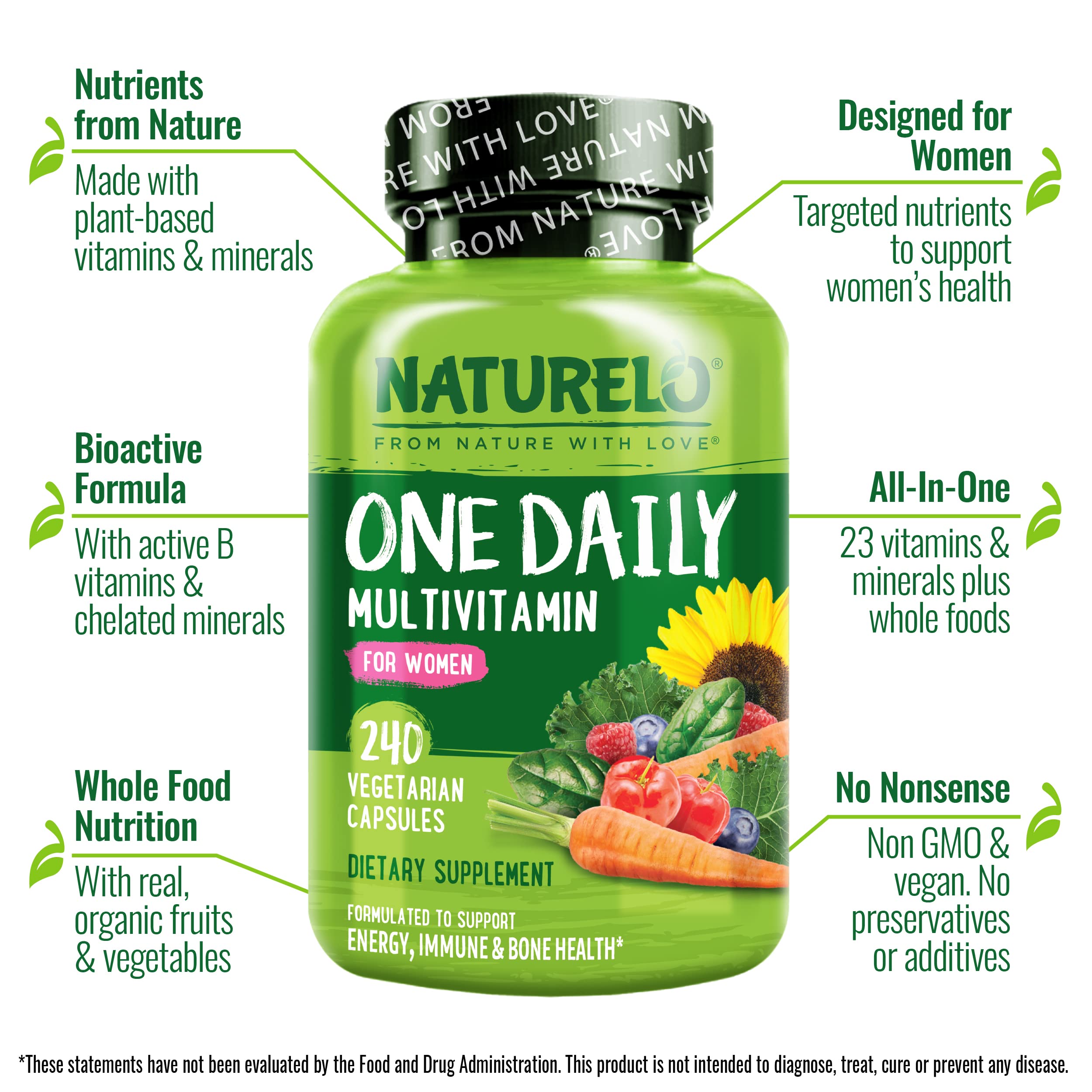 Naturelo One Daily Multivitamin for Women organic fruits and vegetables backdrop