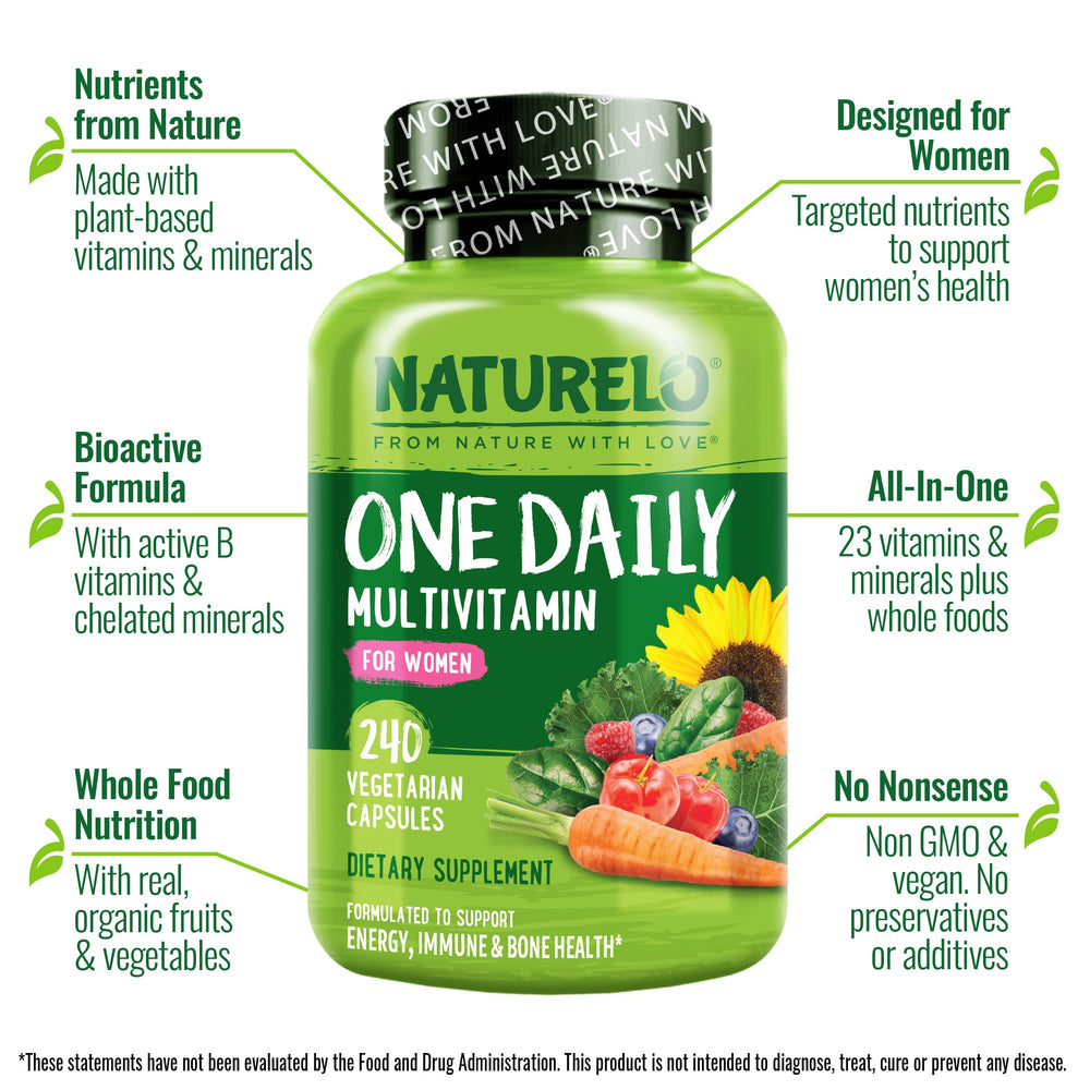 Naturelo One Daily Multivitamin for Women organic fruits and vegetables backdrop