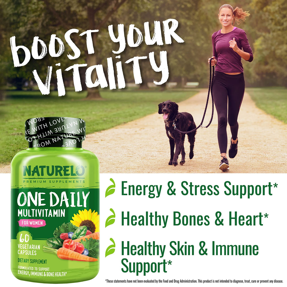 Naturelo One Daily Multivitamin for Women pill details highlight bioactive vitamins and minerals.