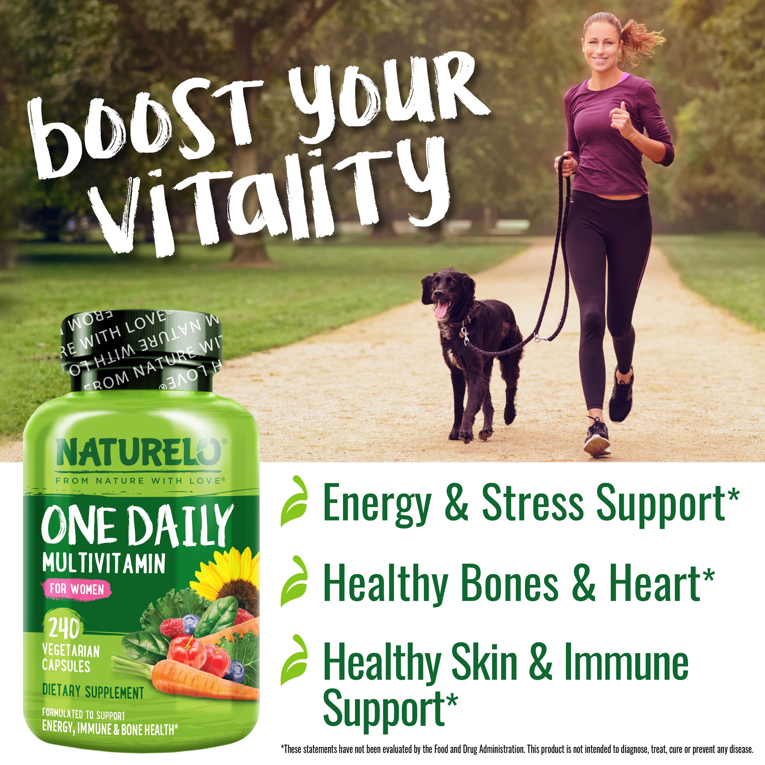 Naturelo One Daily Multivitamin for Women bottle being poured for easy daily use