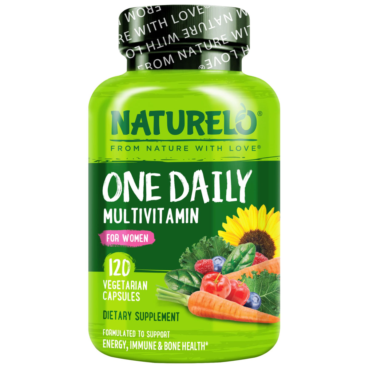 Naturelo One Daily Women bottle showcasing vegan multivitamin packaging for daily wellness.