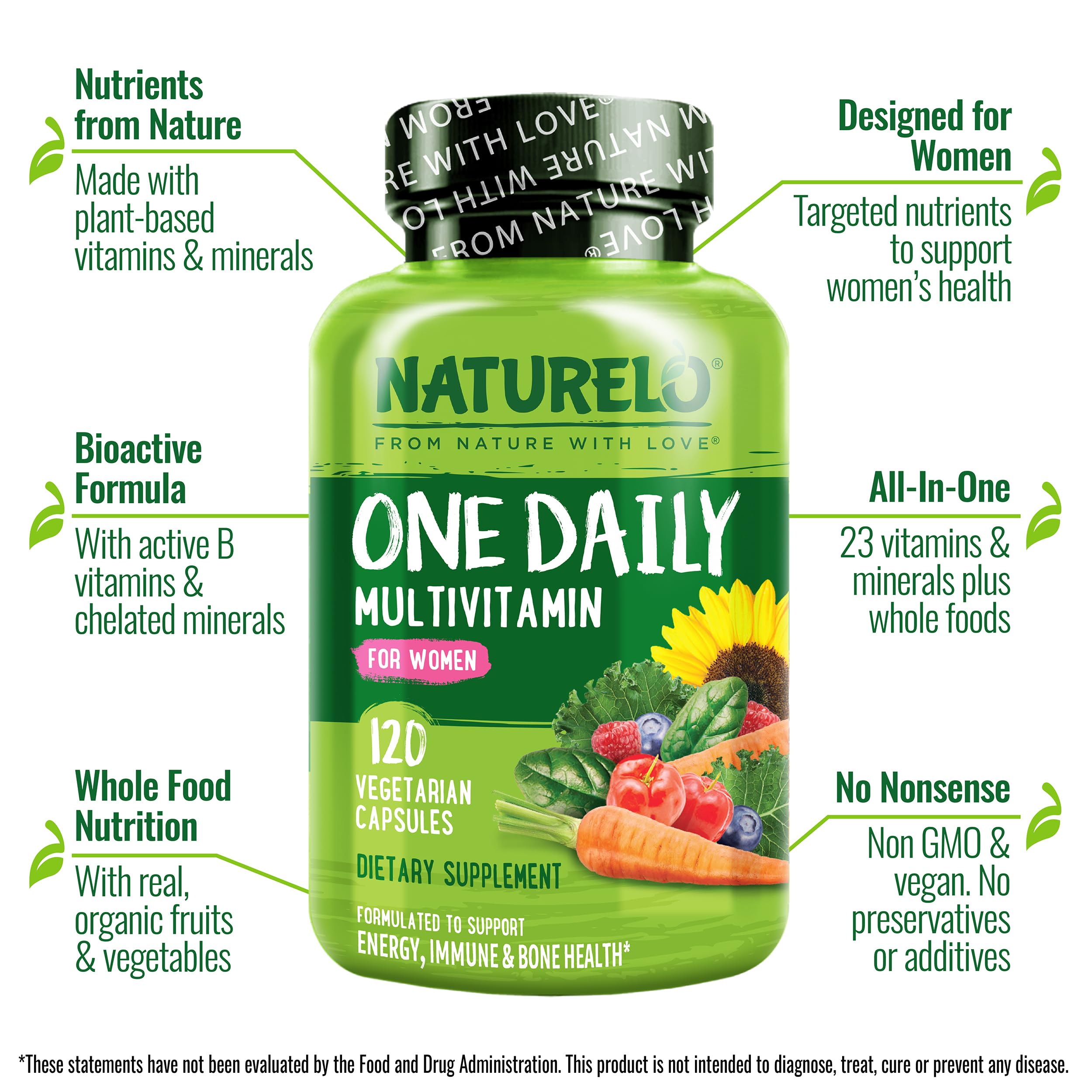 Close-up of Naturelo One Daily Women tablets highlighting easy daily dosing.