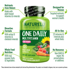 Close-up of Naturelo One Daily Women tablets highlighting easy daily dosing.