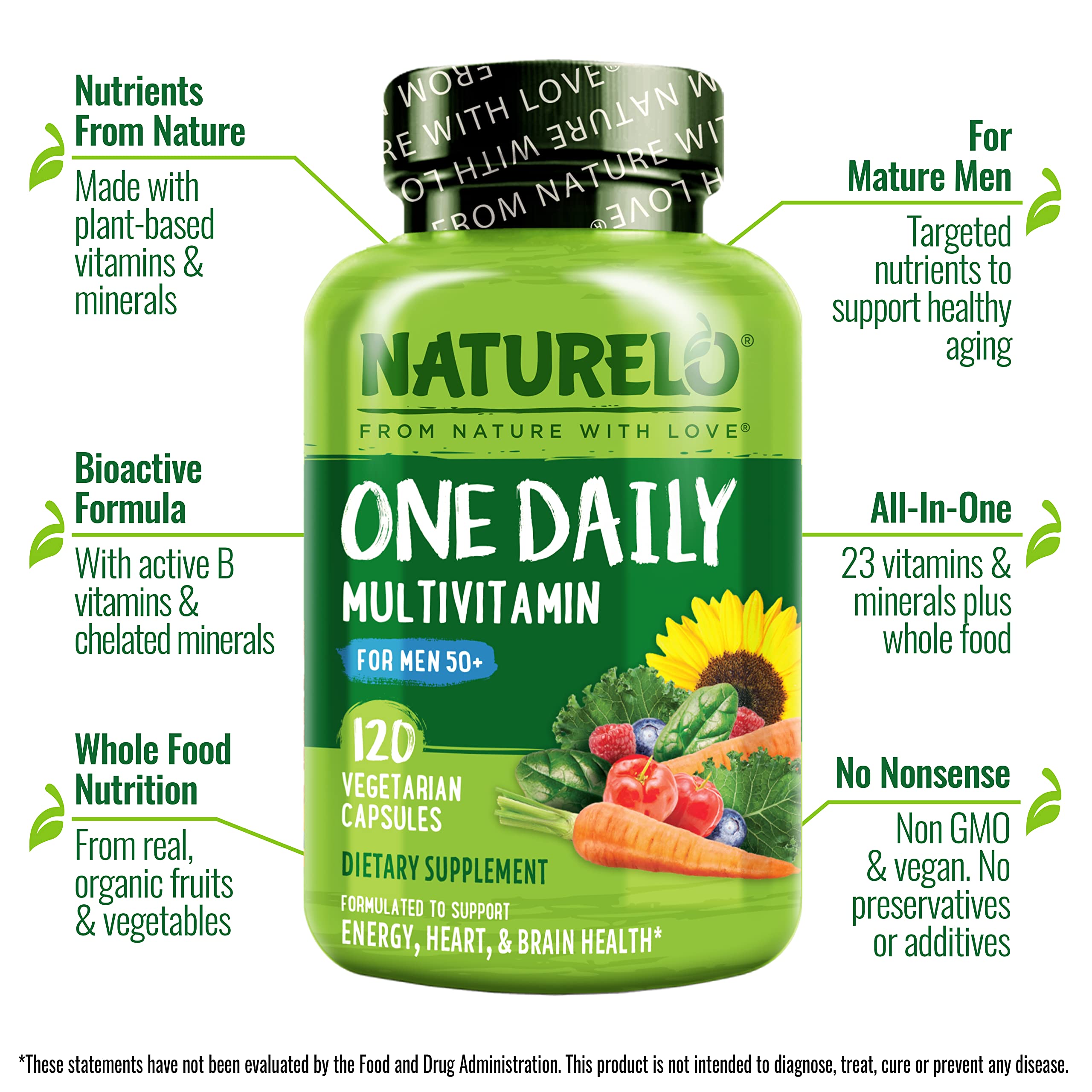 NATURELO organic fruits and vegetables representing whole-food ingredients