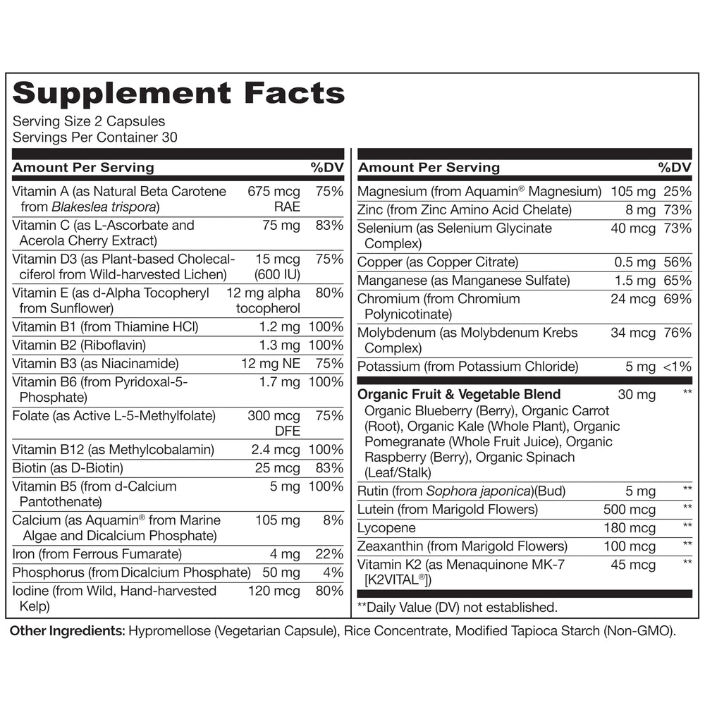 Naturelo teen multivitamin plant-based ingredients chart highlights nutrition support.