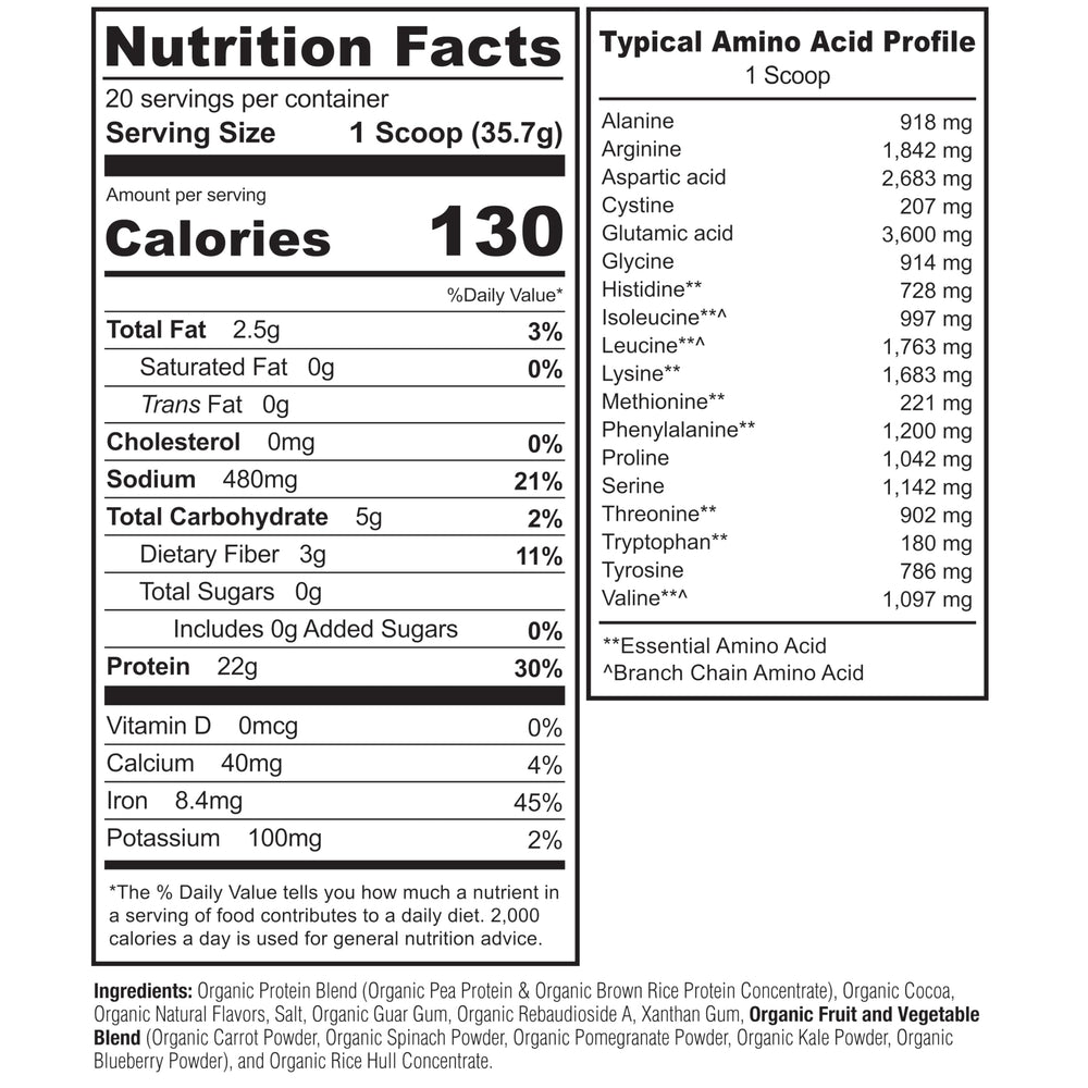 Label on NATURELO powder highlighting organic pea and brown rice blend for complete amino acids