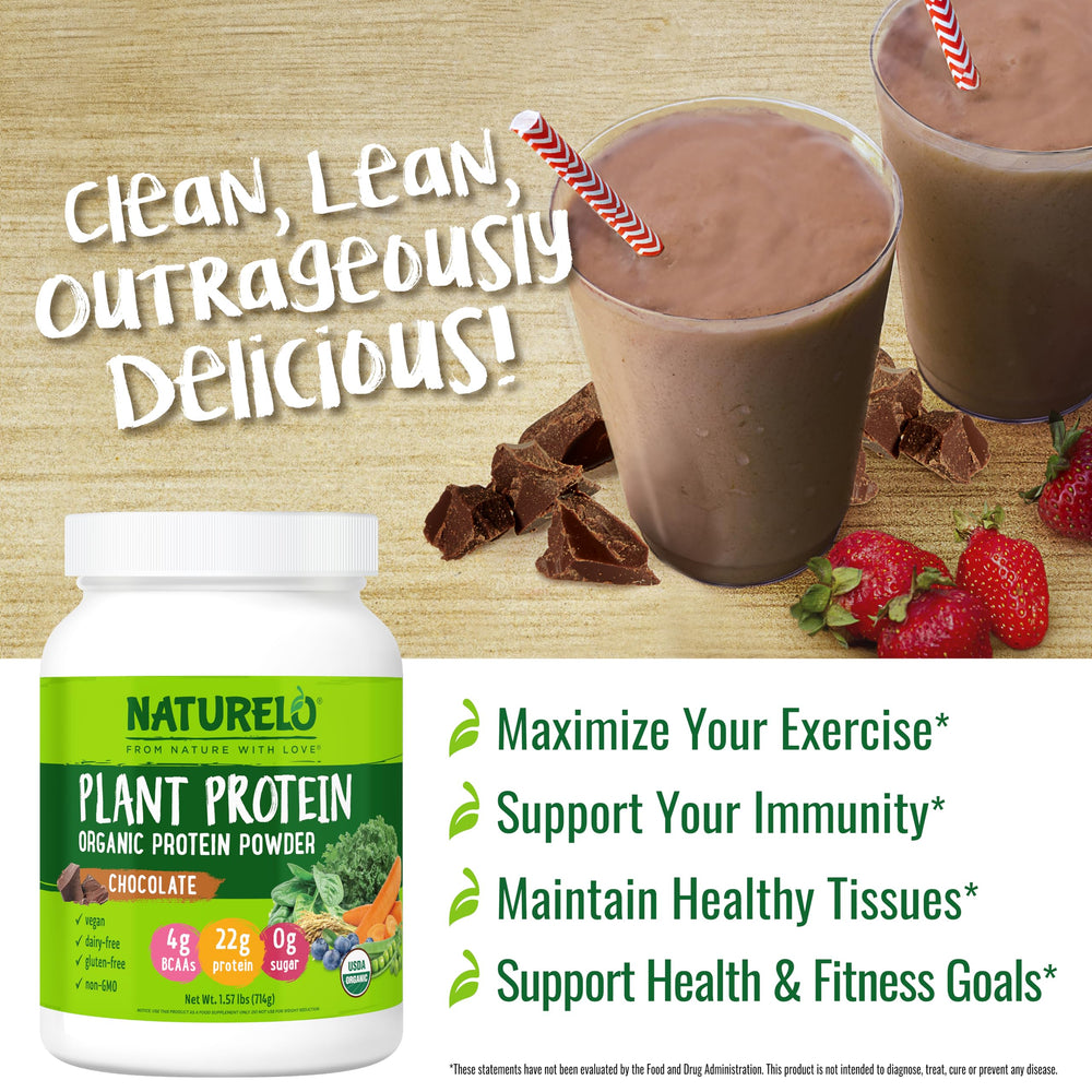 NATURELO chocolate protein powder in shaker cup for pre/post-workout shakes