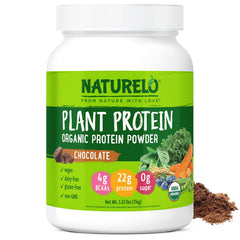 NATURELO Plant Protein Powder chocolate tub front, vegan protein option for daily energy