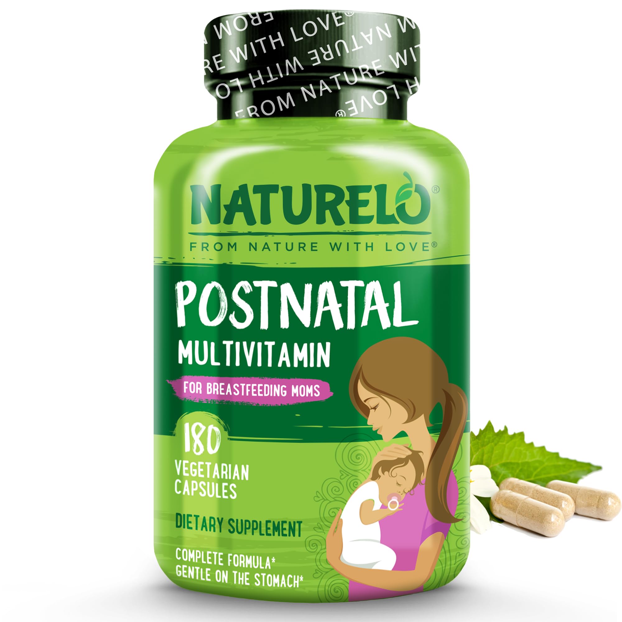 Naturelo Postnatal Multivitamin bottle on a counter for daily postnatal nutrition.