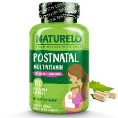 Naturelo Postnatal Multivitamin bottle on a counter for daily postnatal nutrition.